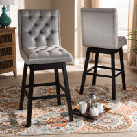 Baxton Studio BBT5372-Light Grey Velvet/Wenge-BS Gregory Modern Transitional Light Grey Velvet Fabric Upholstered and Dark Brown Finished Wood 2-Piece Swivel Bar Stool Set Set